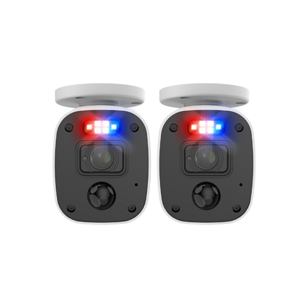 Two security cameras with red and blue lights on a white background