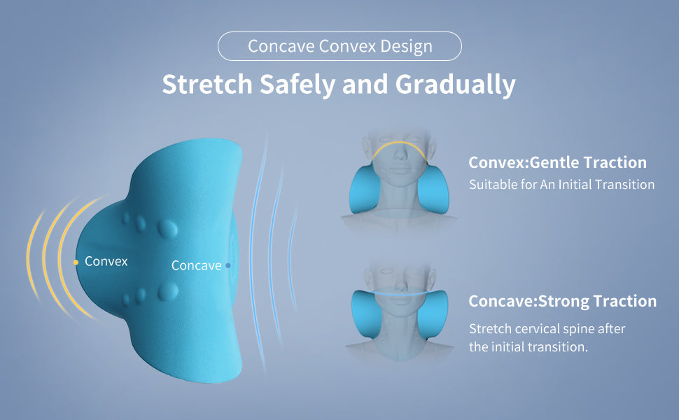 Cervical traction device with concave and convex design on a blue background