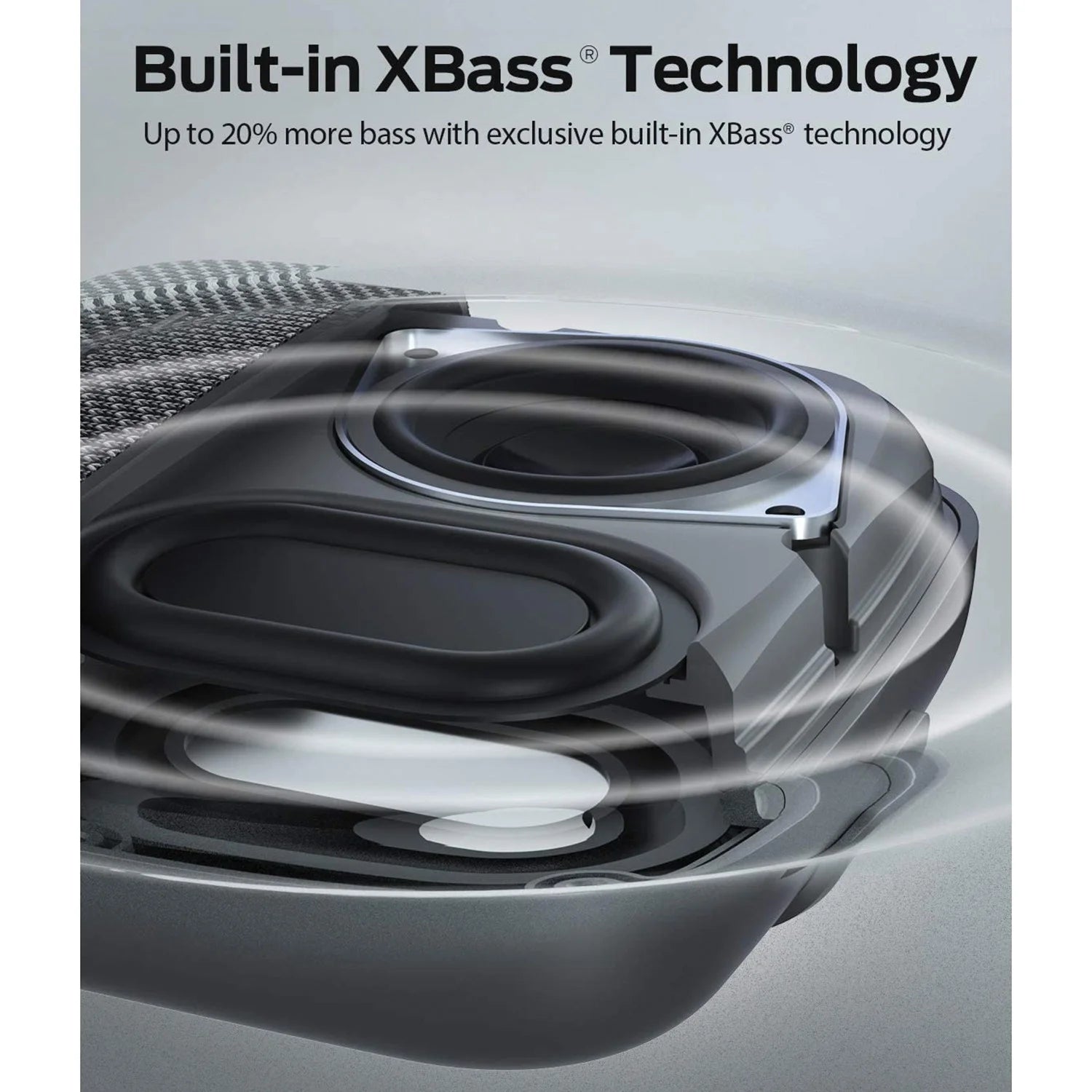 Speaker with X Bass Technology text on a gray background