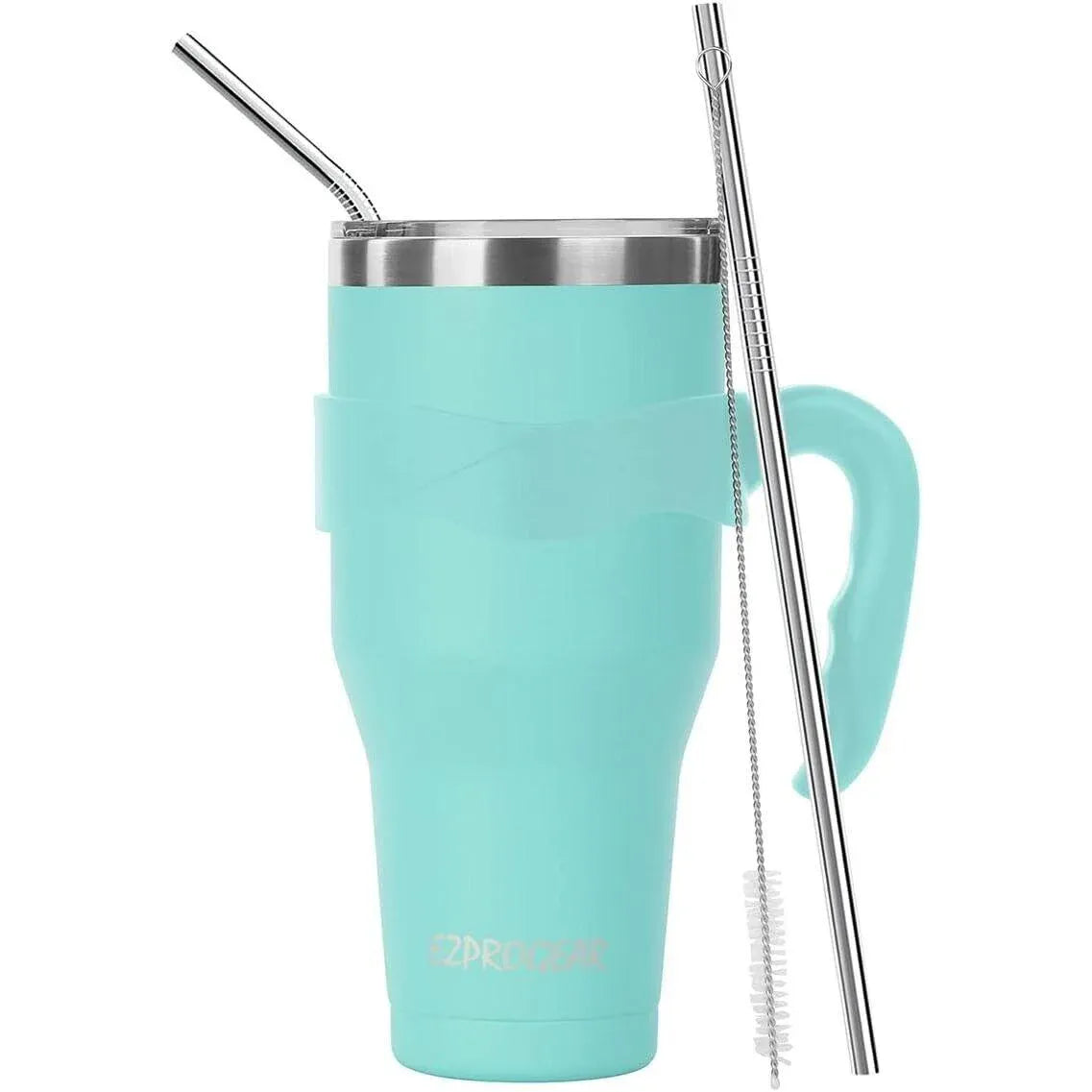 Turquoise tumbler with handle and metal straws on a white background