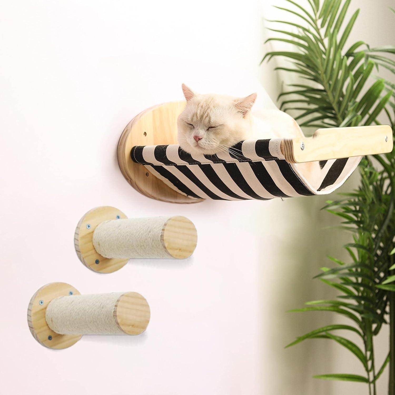 Cat Hammock Bed Wall Mounted Furniture with 2 Scratching Posts Steps - Massive Discounts