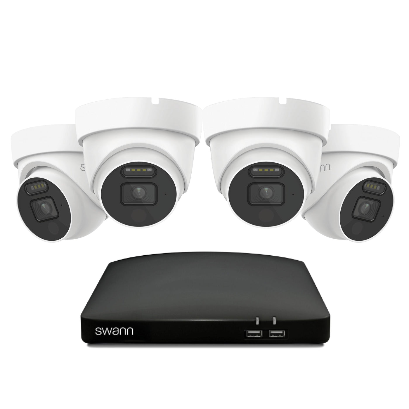 Swann security camera system with four white cameras and a black DVR on a white background