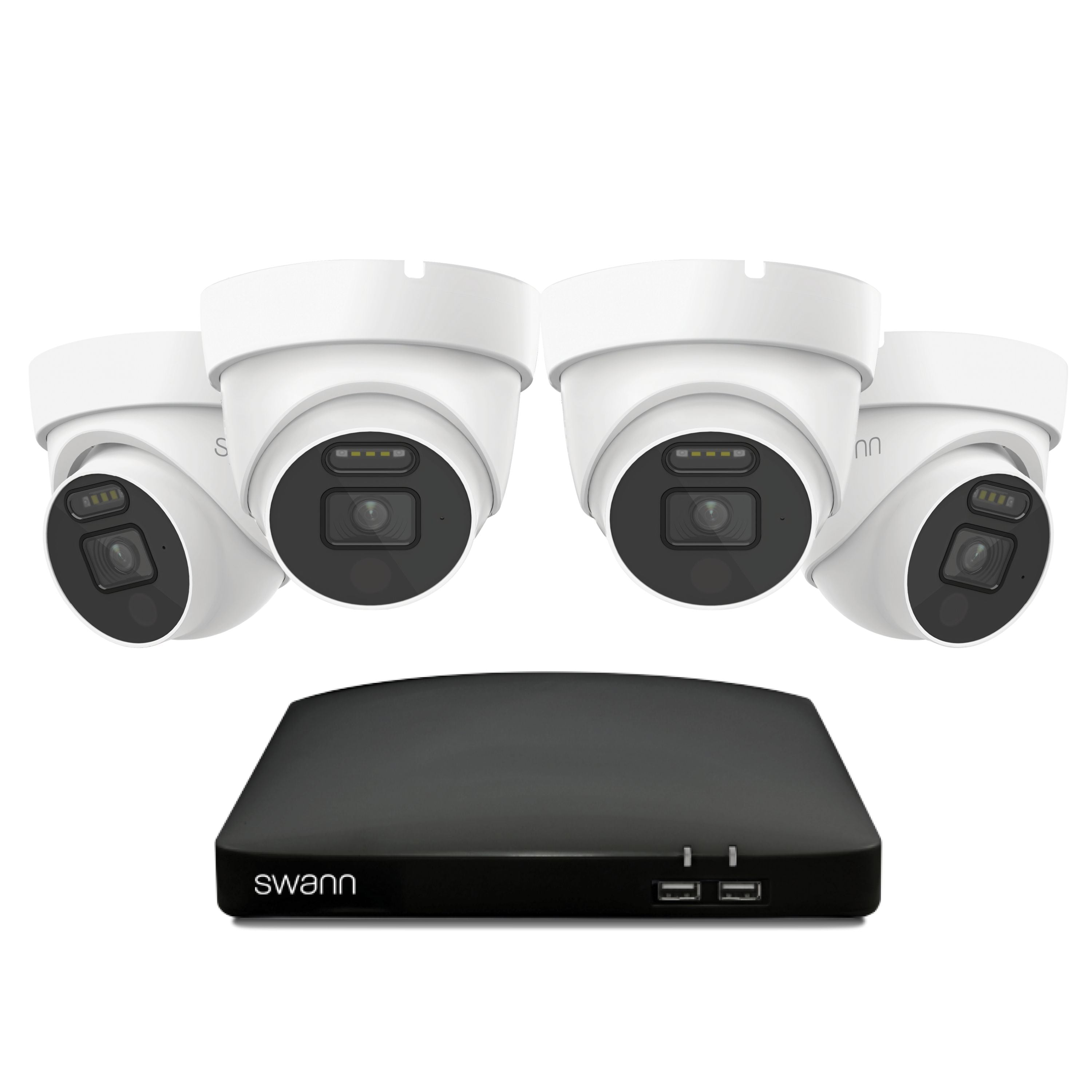 Swann security camera system with four white cameras and a black DVR on a white background
