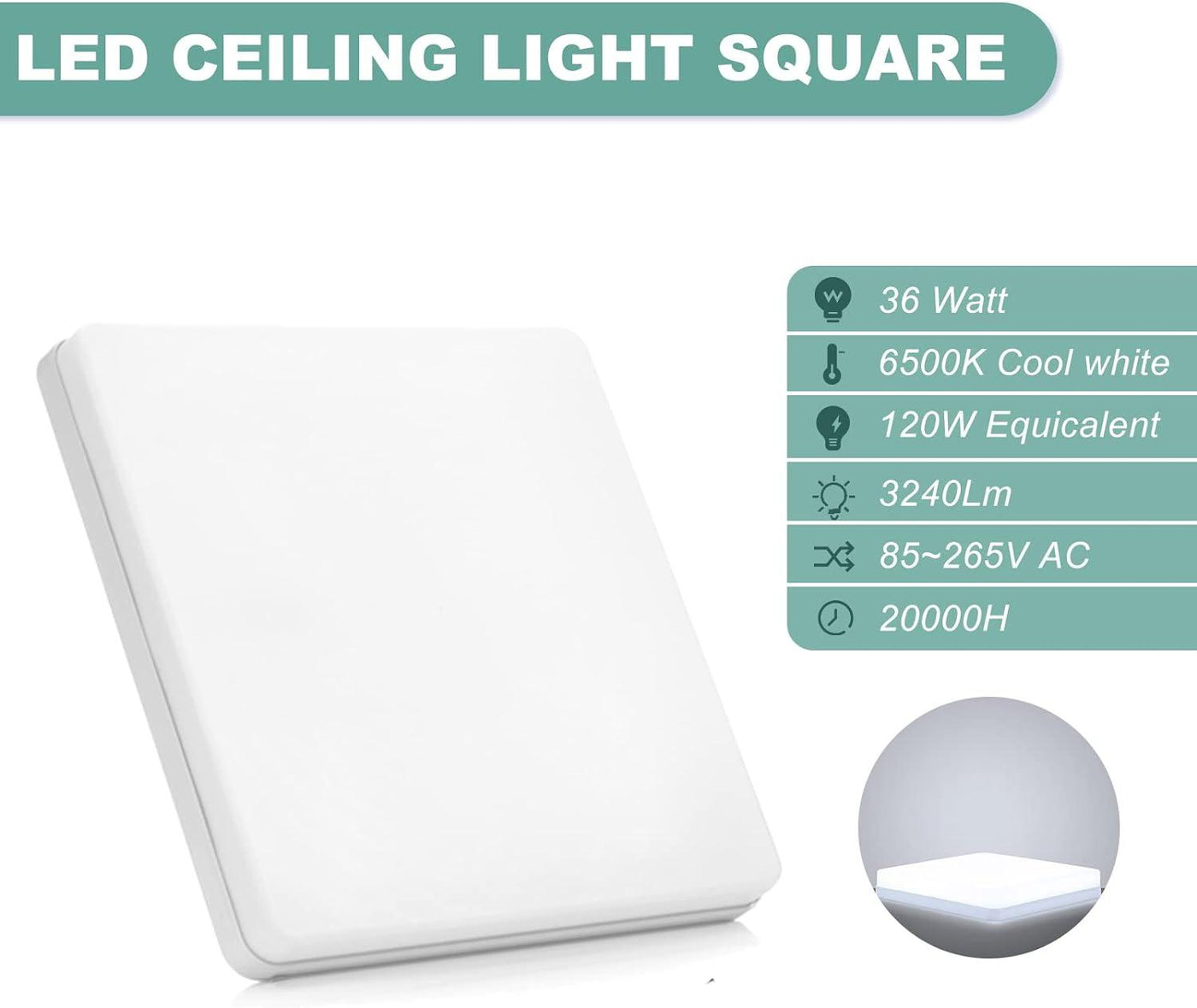 Ceiling Light 36W LED Daylight White Square 23cm Indoor Ceiling Lamp - Massive Discounts