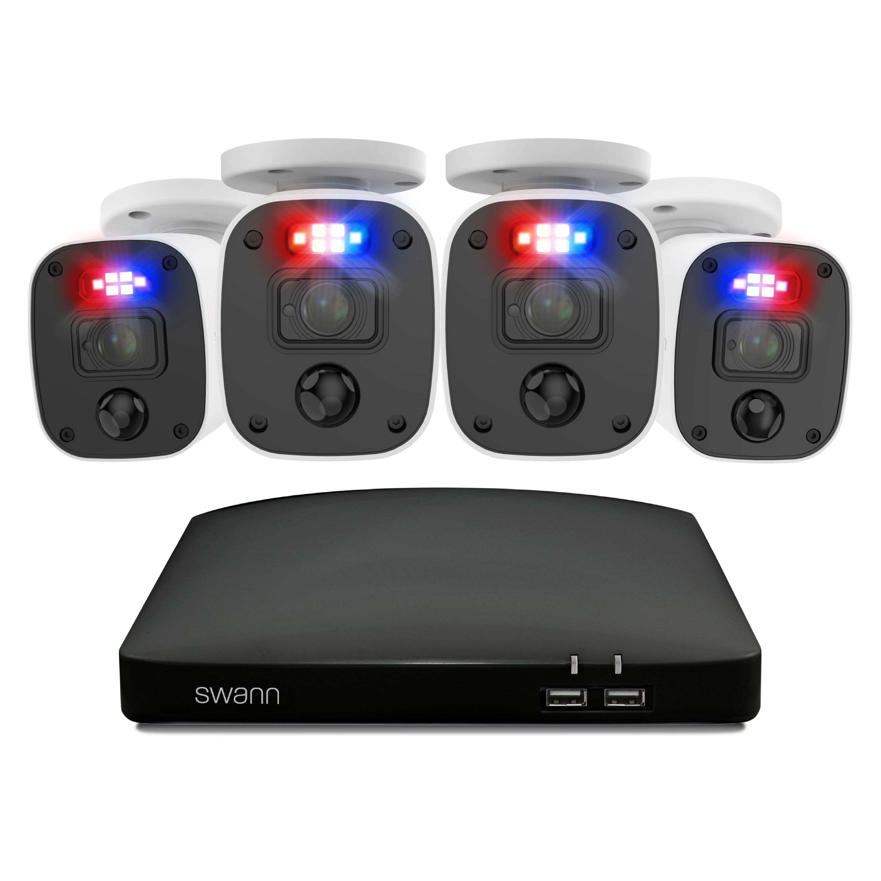 Swann security camera system with four cameras and a central hub on a white background