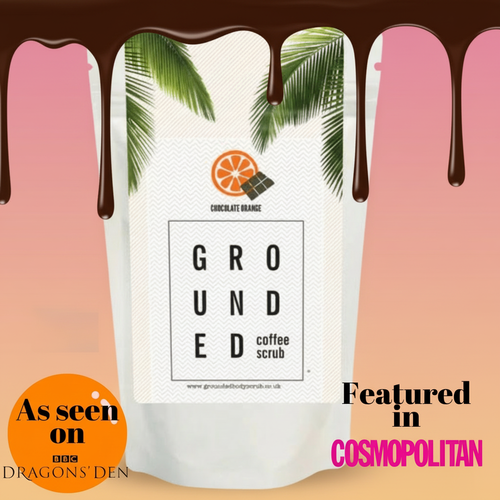 Grounded coffee scrub packaging with chocolate and palm tree design, featuring BBC Dragons' Den and Cosmopolitan branding.