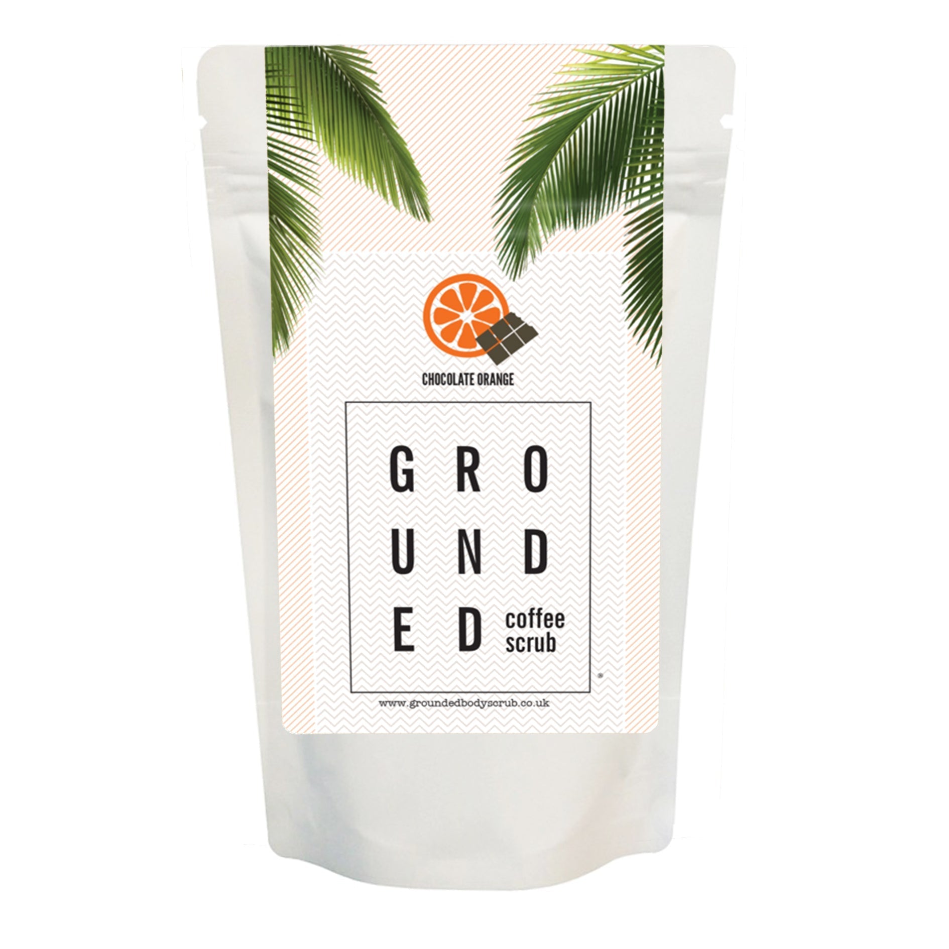 Grounded coffee scrub packaging with palm leaf design and brand logo on a white background