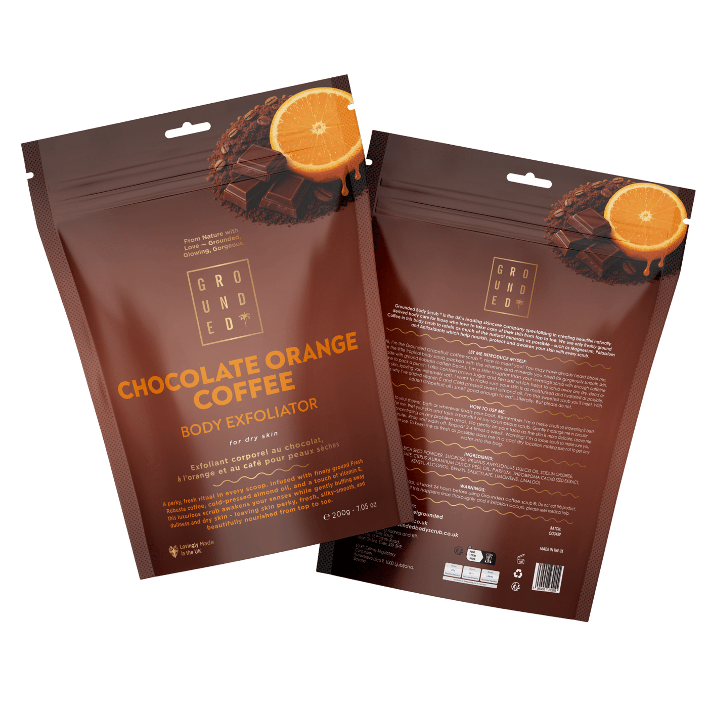 Two packages of Grounded Chocolate Orange Coffee Body Exfoliator on a transparent background