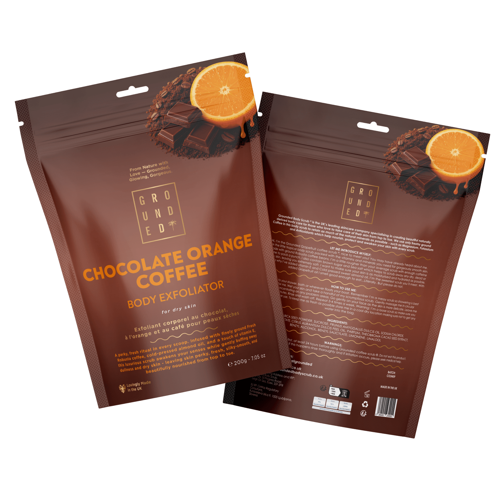 Two packages of Grounded Chocolate Orange Coffee Body Exfoliator on a transparent background