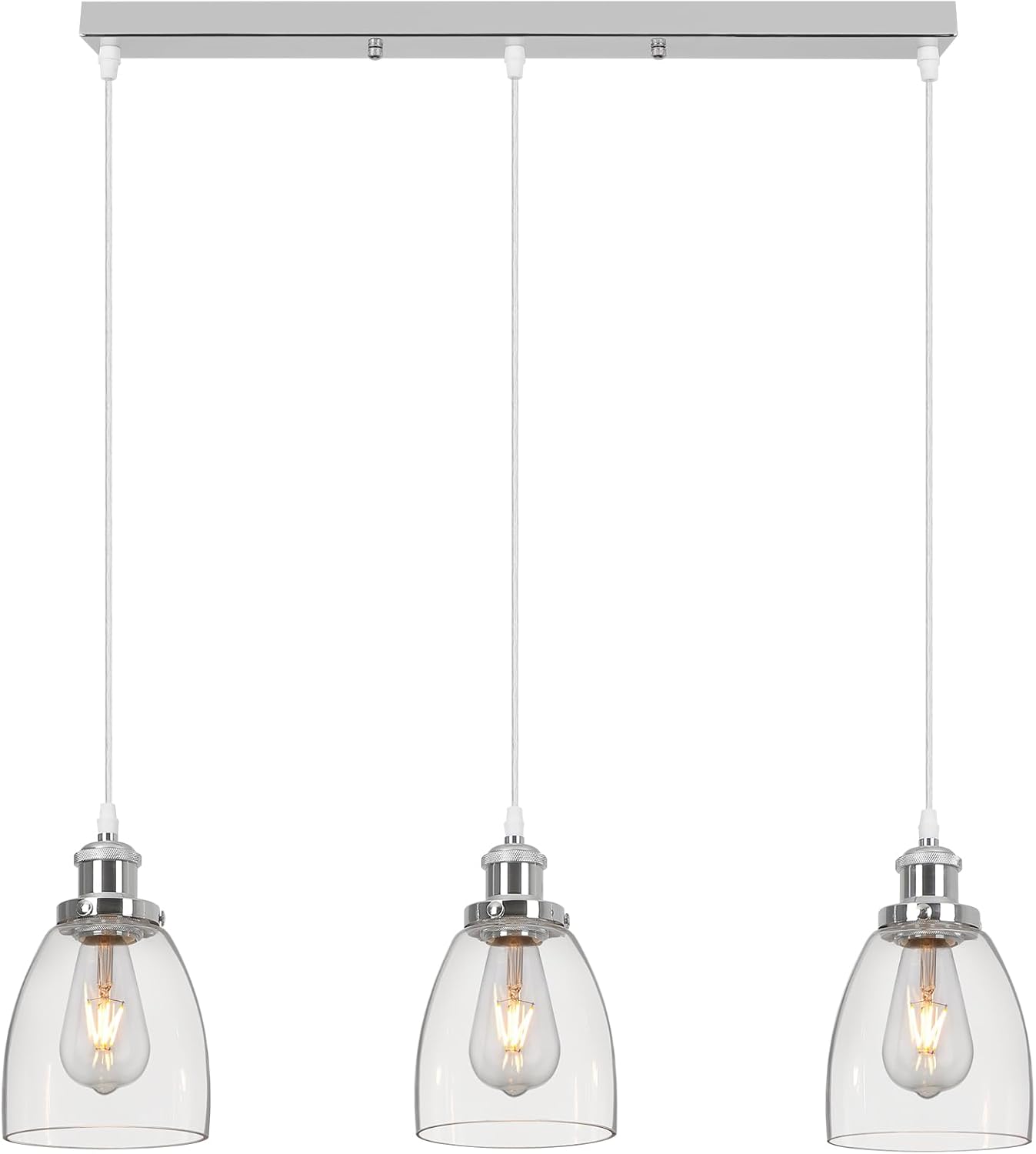 Three pendant lights with clear glass shades and chrome fixtures on a white background