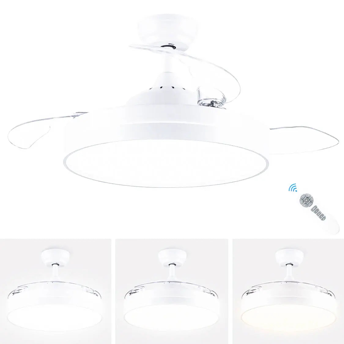 42 Inch Ceiling Fan Light Retractable Blades Remote DC White CJOY