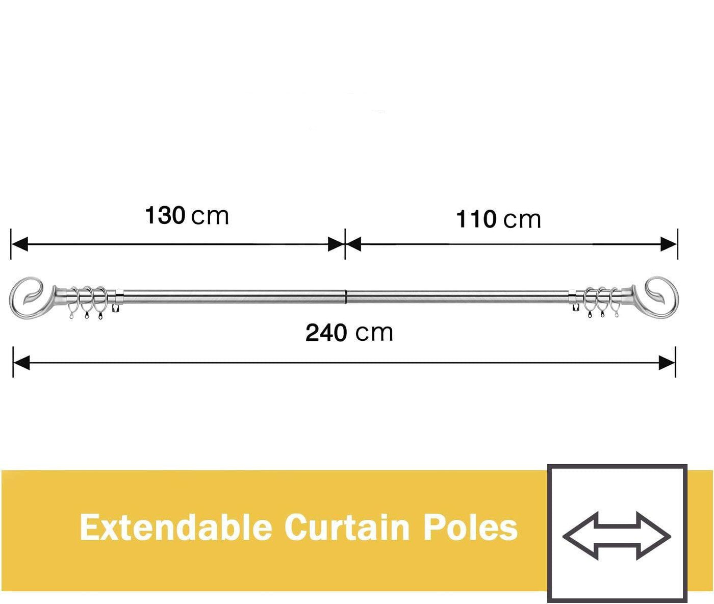 Curtain Pole Adjustable Length 130-240cm Chrome Ø16/19mm - Massive Discounts