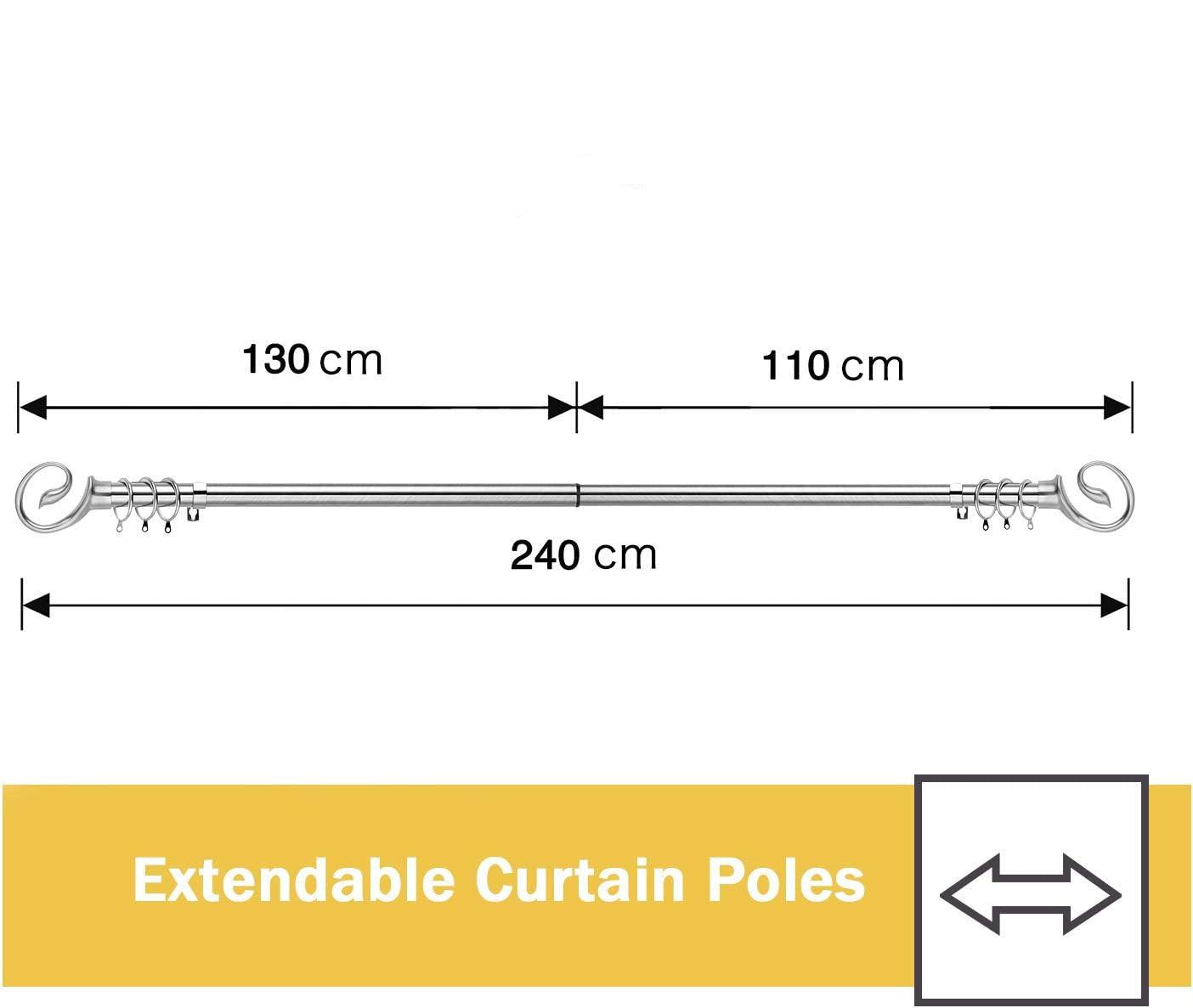 Curtain Pole Adjustable Length 130-240cm Chrome Ø16/19mm - Massive Discounts