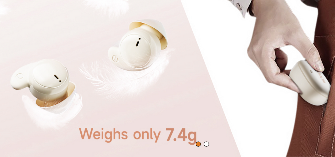 White wireless earbuds with charging case on a white background, highlighting weight of 7.4g.