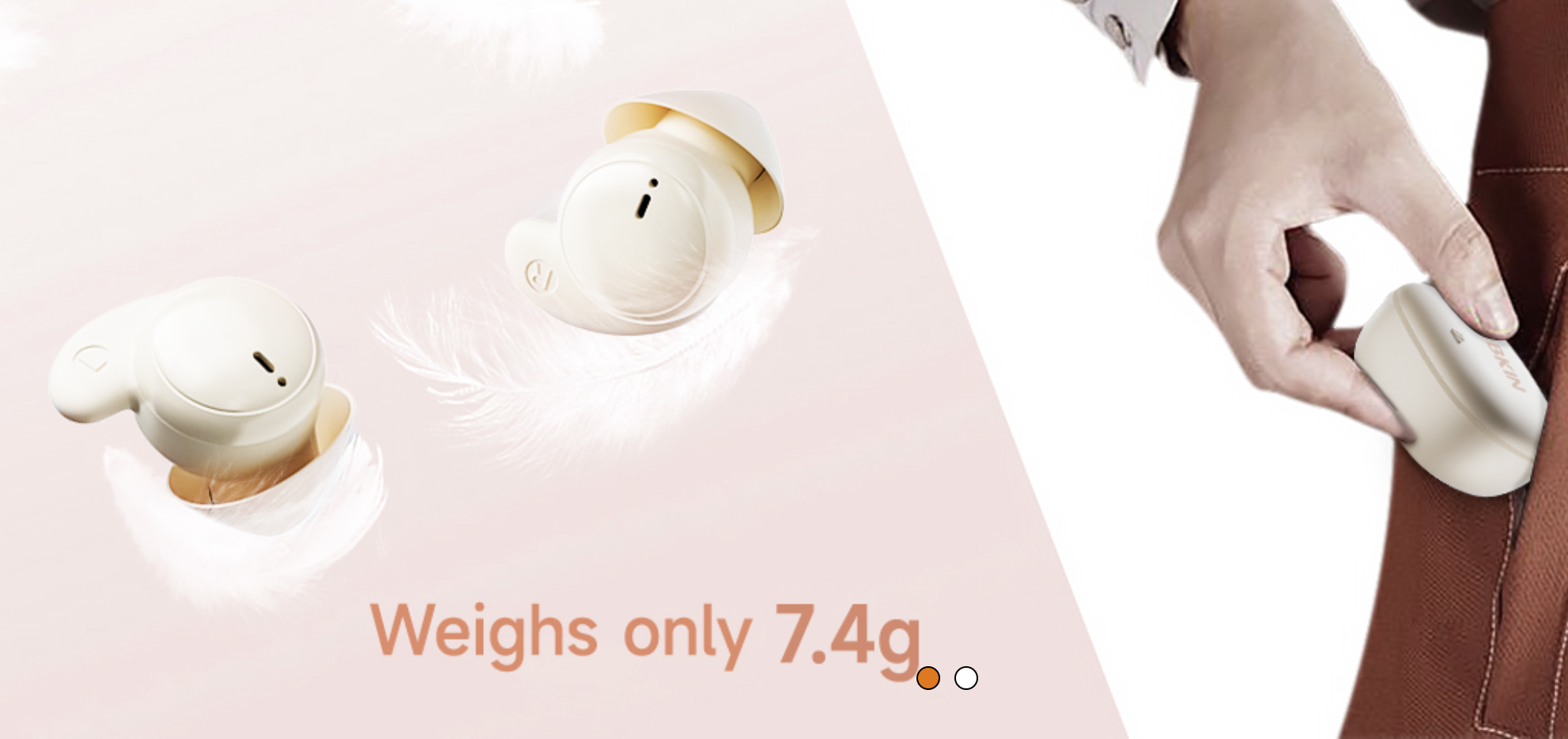 White wireless earbuds with charging case on a white background, highlighting weight of 7.4g.