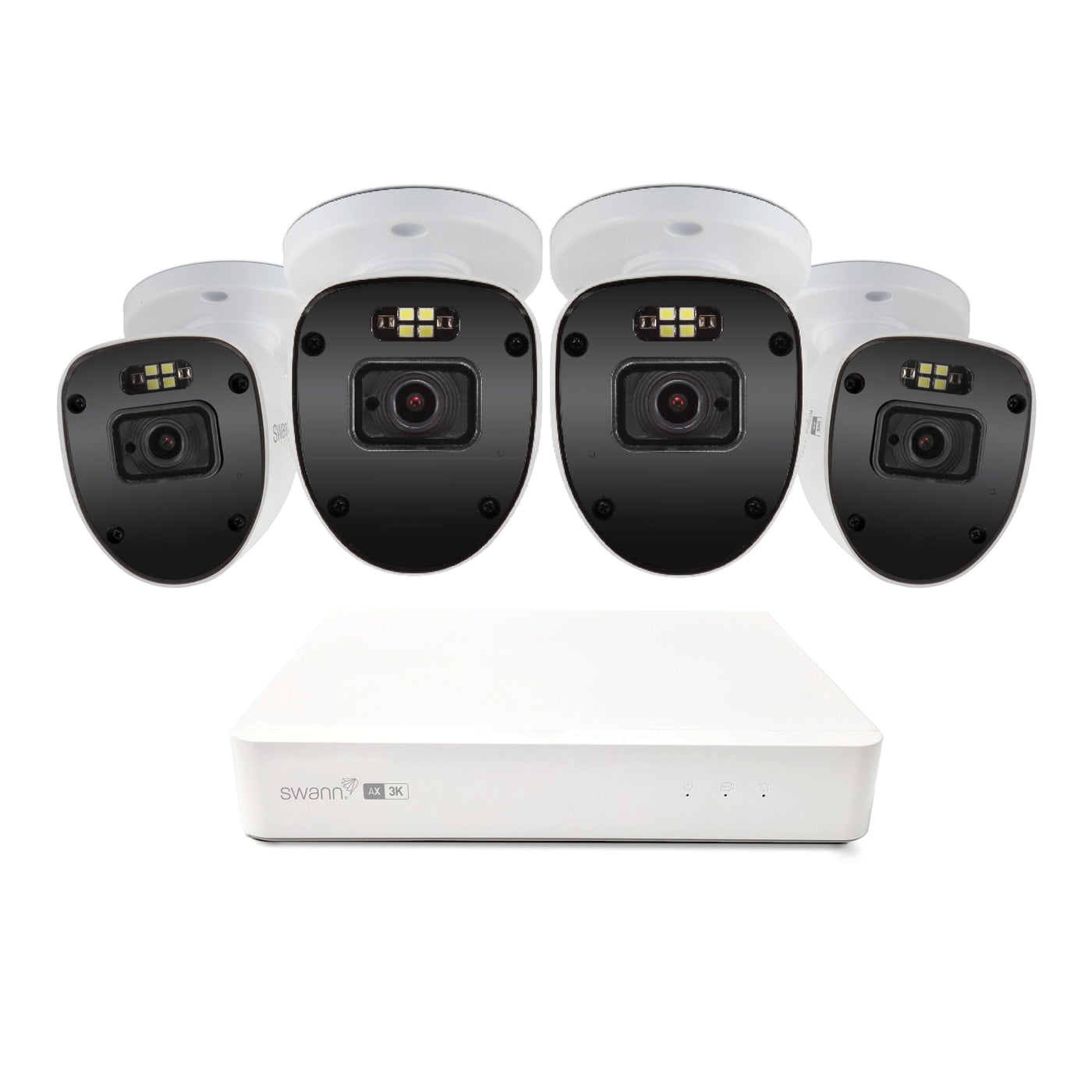 Set of security cameras with a central control unit on a white background