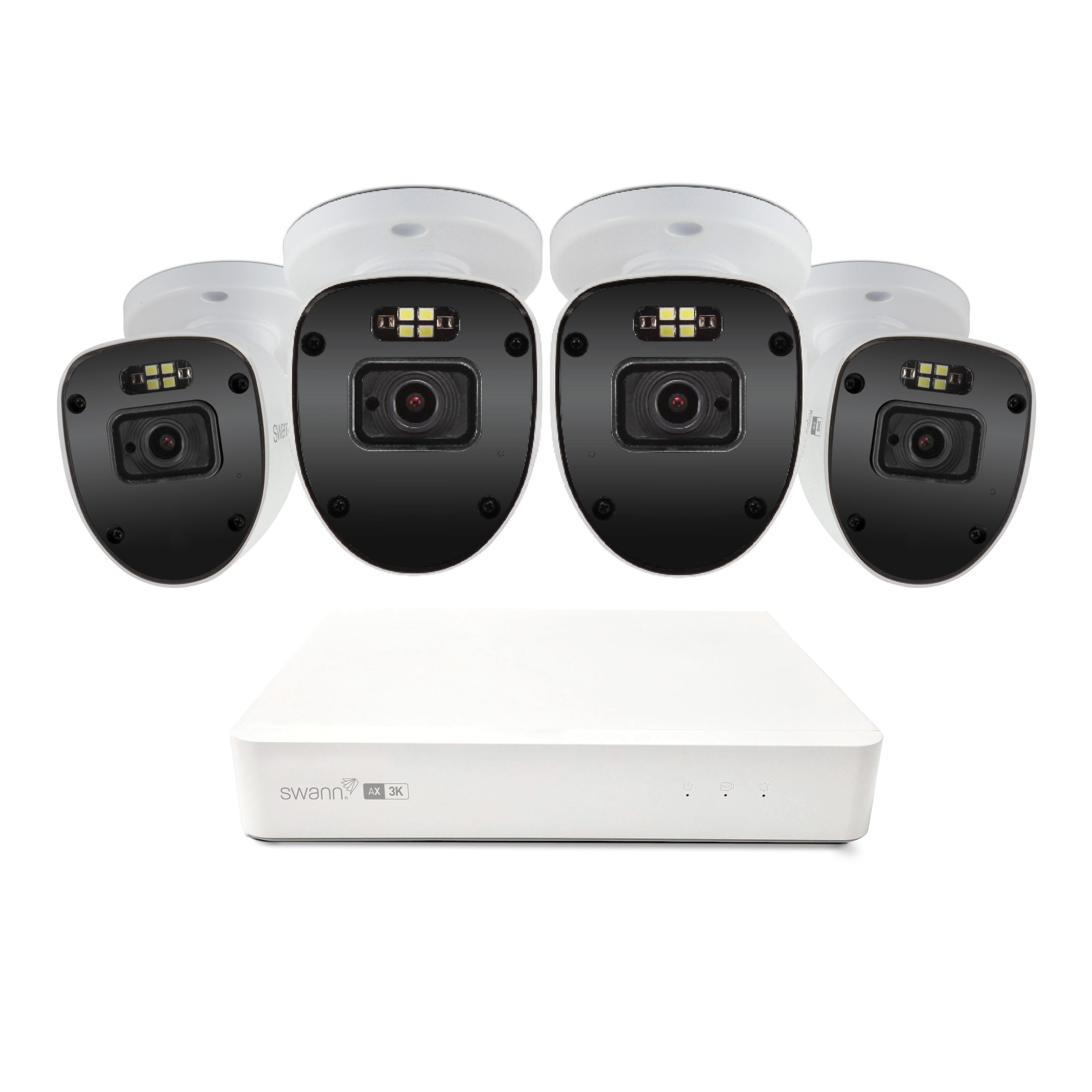 Set of security cameras with a central control unit on a white background