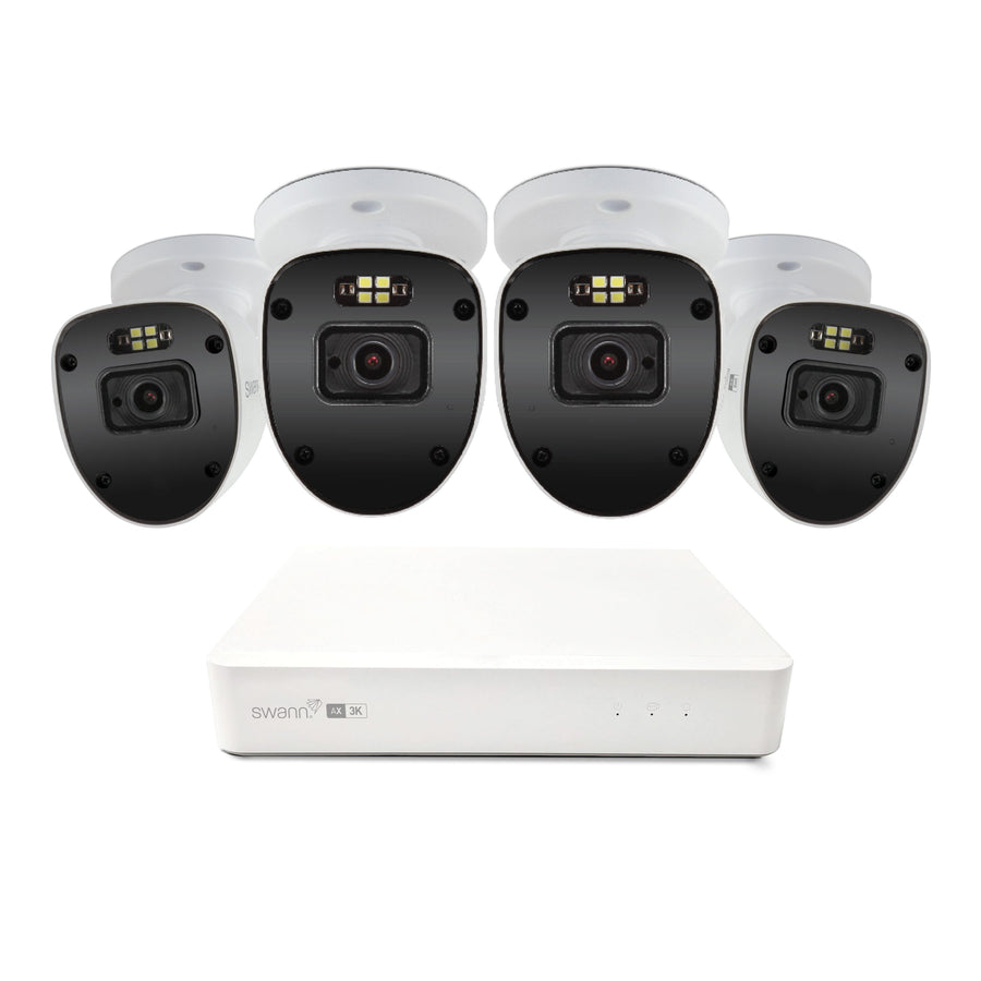 Set of security cameras with a central control unit on a white background