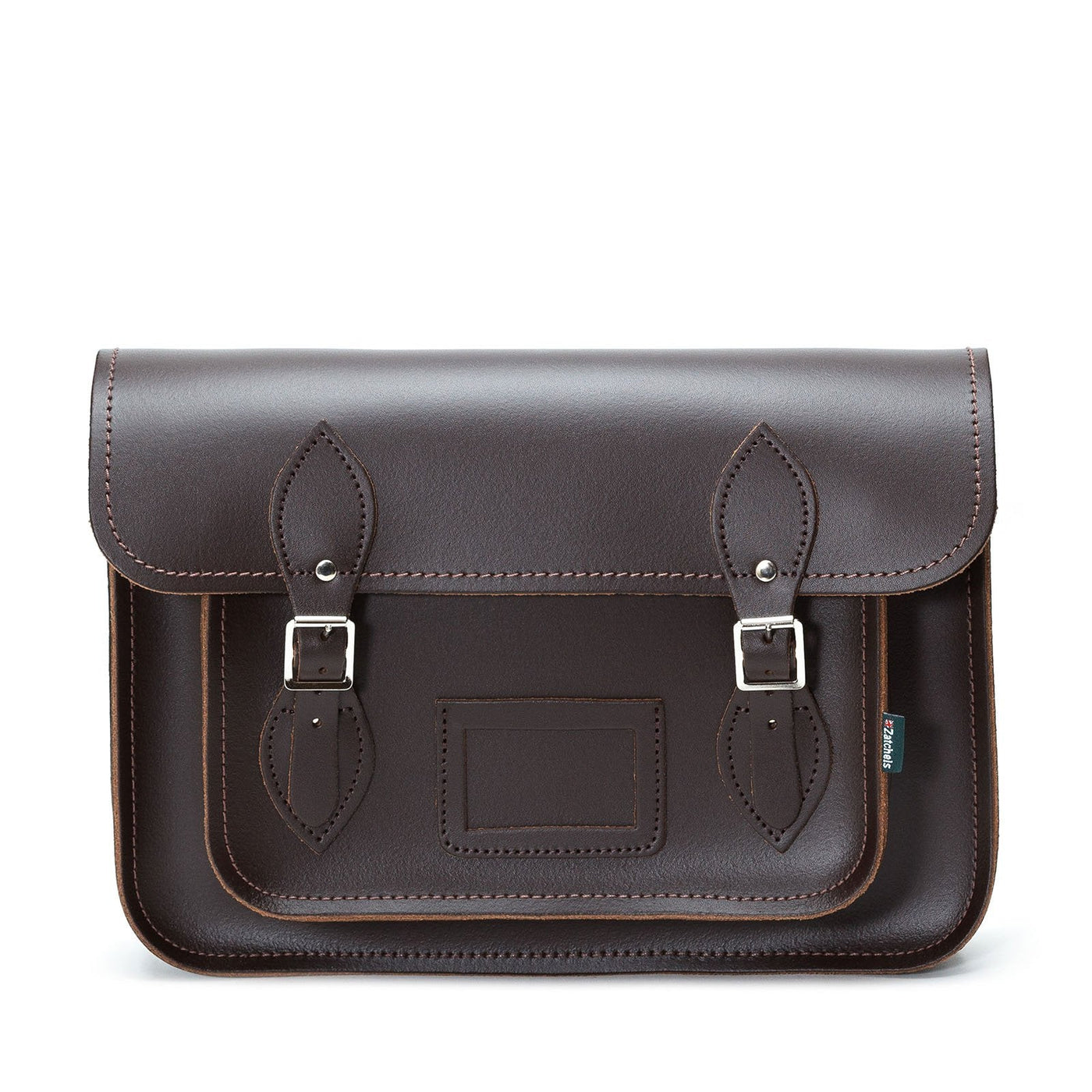 Brown leather satchel with buckle details on a white background