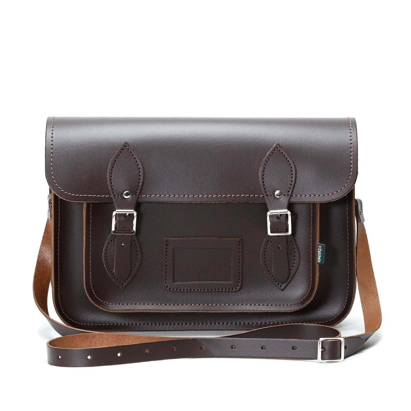 Brown leather satchel bag with strap on a white background