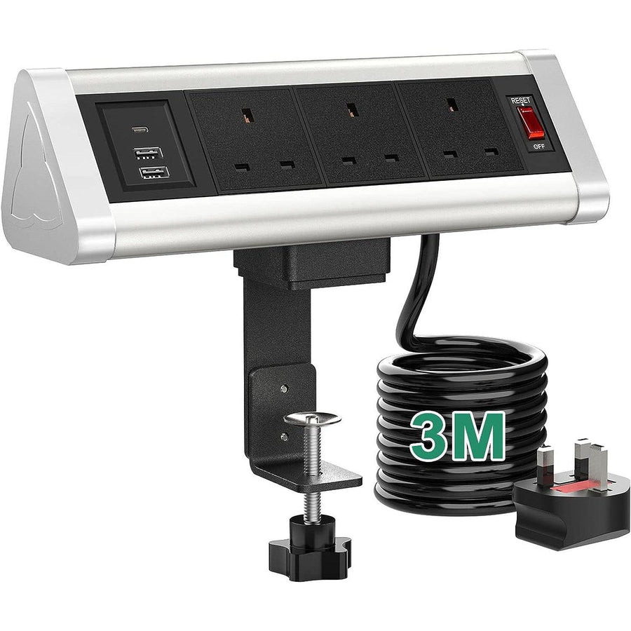 Desk Power Socket Extension Lead with 3 UK plugs, 1 USB C, 2 USB-A, 3M/9.8FT Cord - Massive Discounts