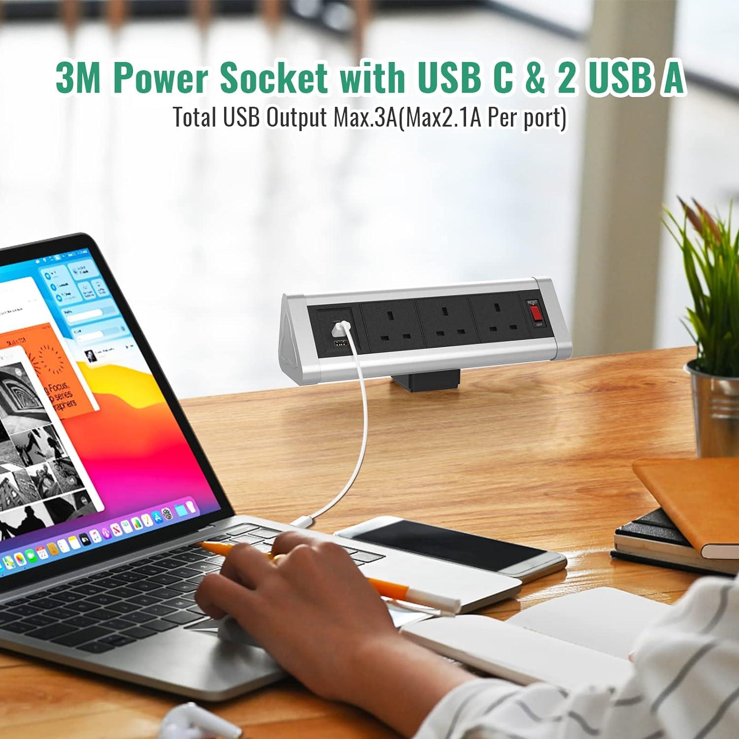 Desk Power Socket with USB C, Extension Lead with Switch 3M Cord - Massive Discounts