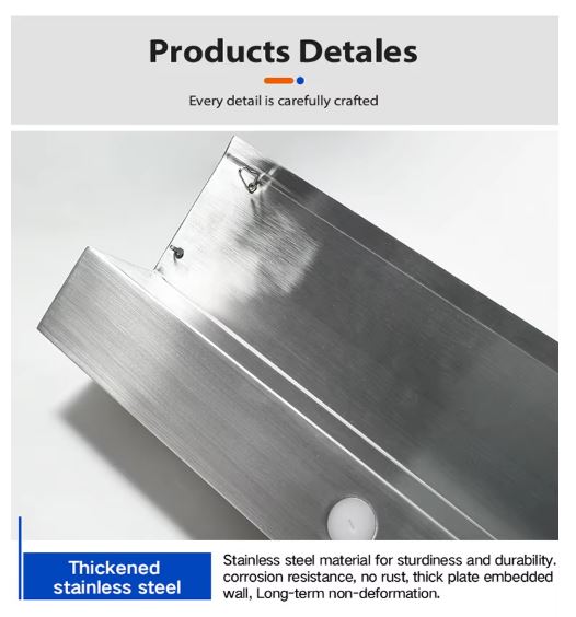 Stainless steel product with text highlighting its features on a white background