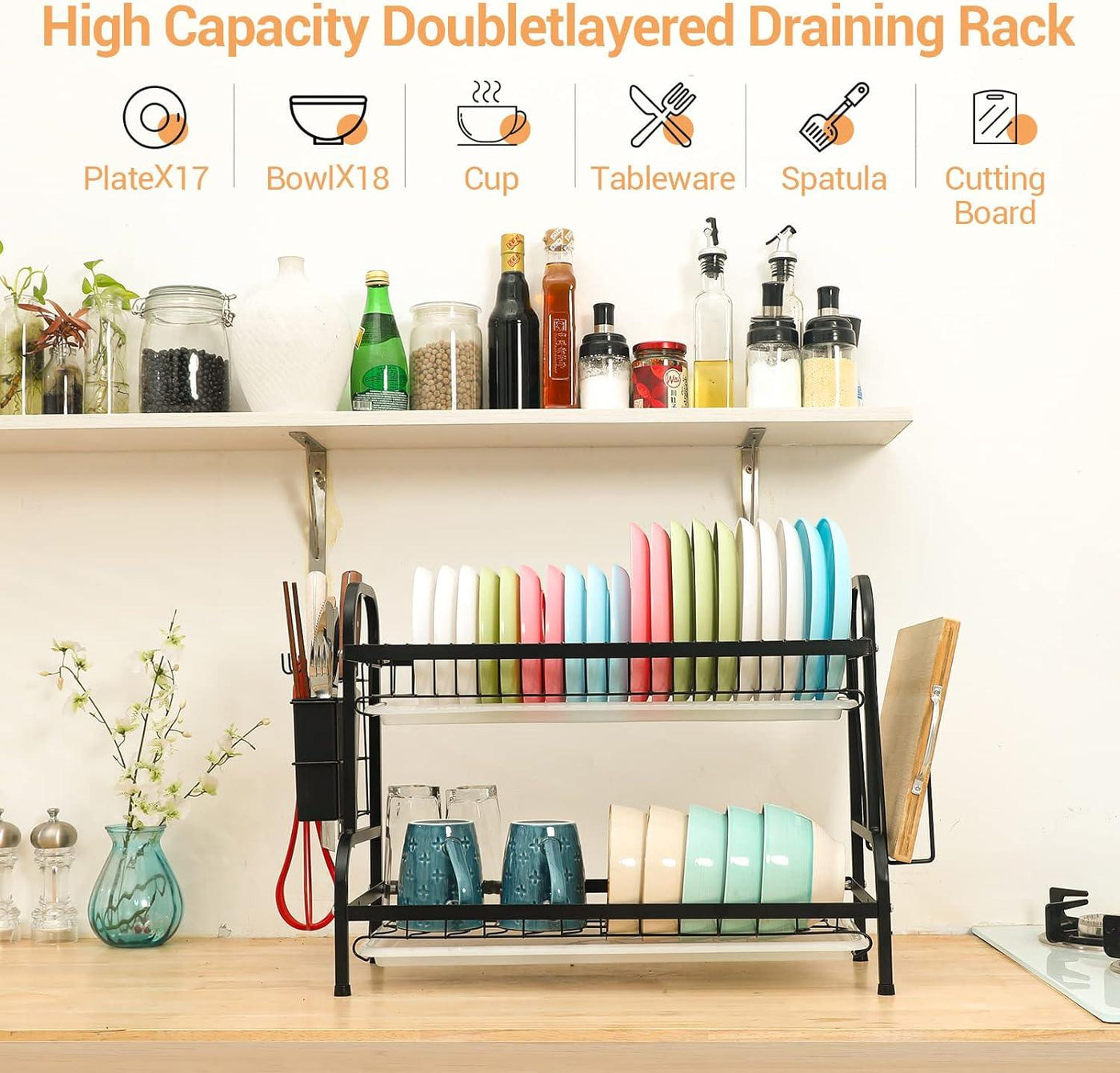 Dish Drying Rack 2 Tiers with Drip Tray In Large Capacity For Kitchen - Massive Discounts