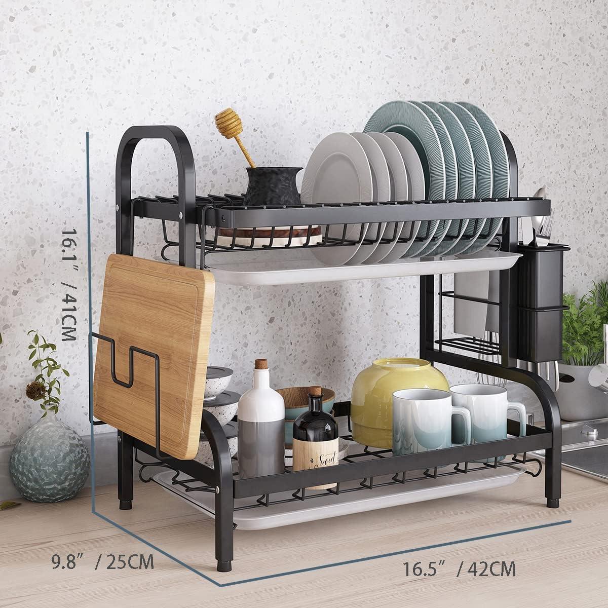 Dish Rack 2 Tier For Kitchen Drainer Rack With Drip Tray Compact Black - Massive Discounts