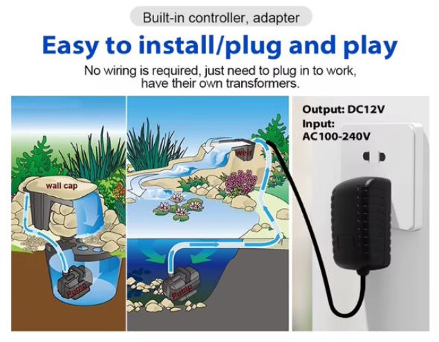 Pump system for a pond with text on installation and compatibility.