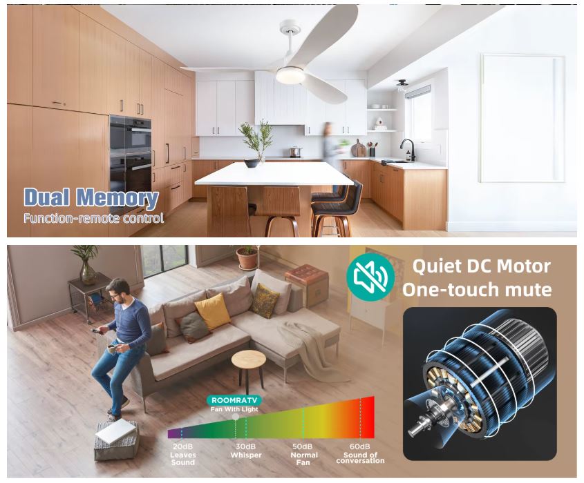 Ceiling Fan With Light 52 Inch LED Remote Dimmable ABS Blades 3000K-6500K