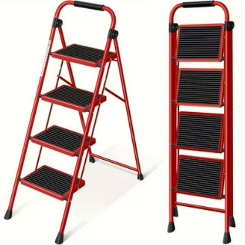 Red step ladder with black steps on a white background