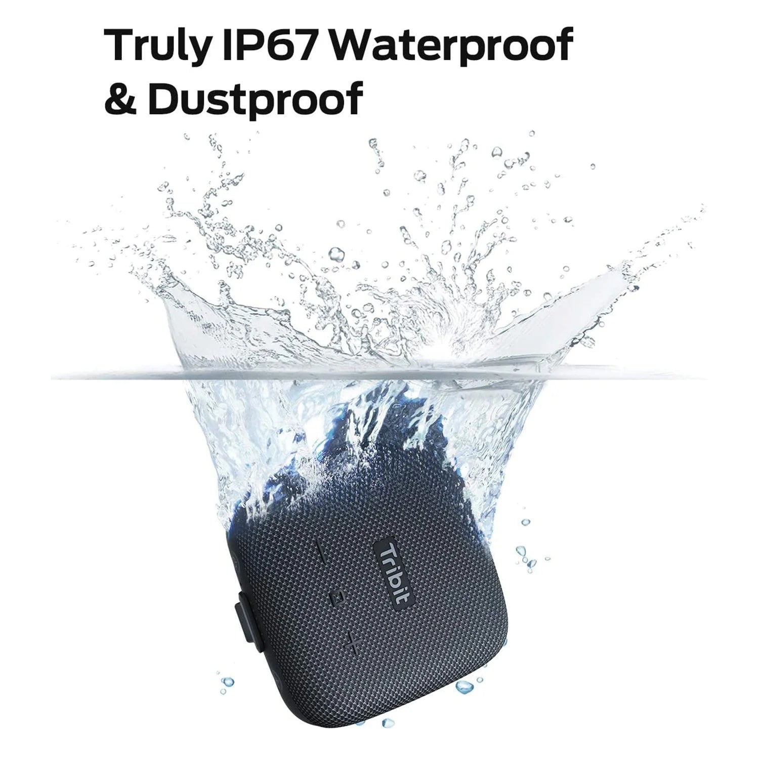 Black portable speaker with water splashing around it, labeled 'Trident' and 'Truly IP67 Waterproof & Dustproof'.