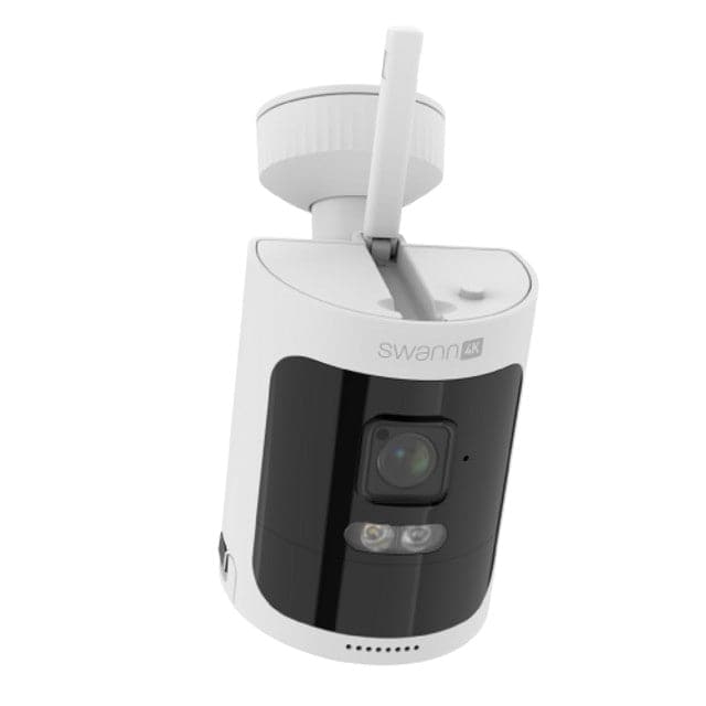 White and black security camera with Swann logo on a white background