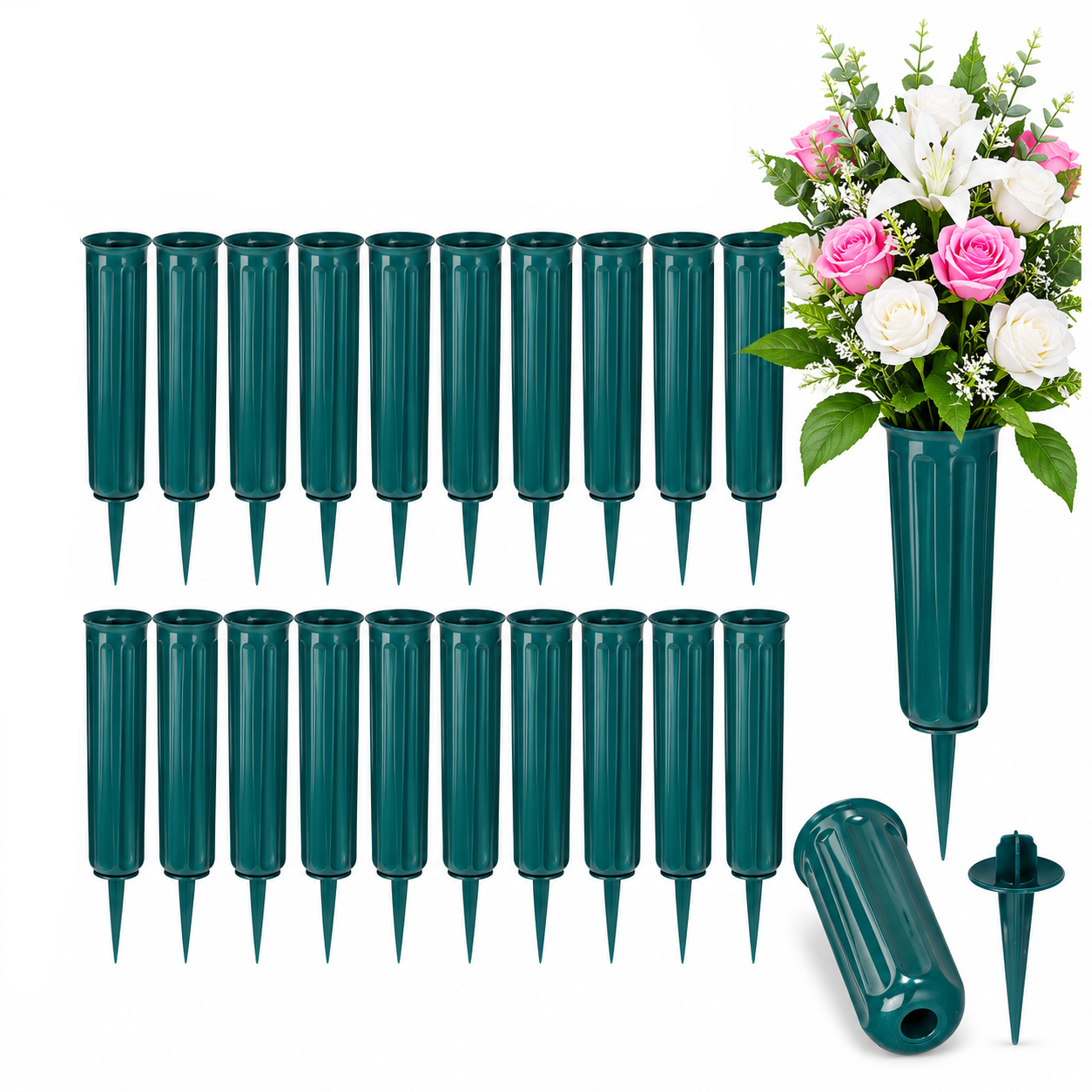 Cemetery Vases 20 Pack Memorial Flower Holders Spikes Dark Green Grave Decoration