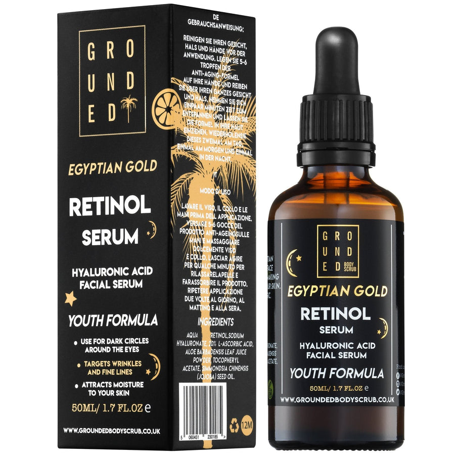 Grounded Egyptian Gold Retinol Serum with packaging on a white background