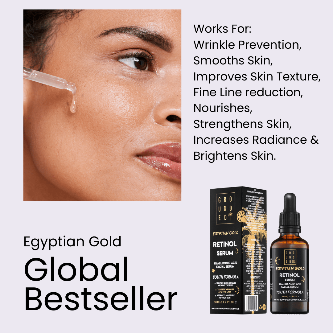 Advertisement for Egyptian Gold retinol serum with product packaging and benefits listed.