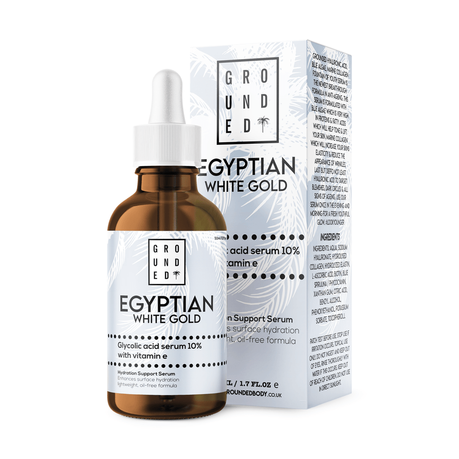 Bottle and packaging of Grounded Egyptian White Gold serum on a white background