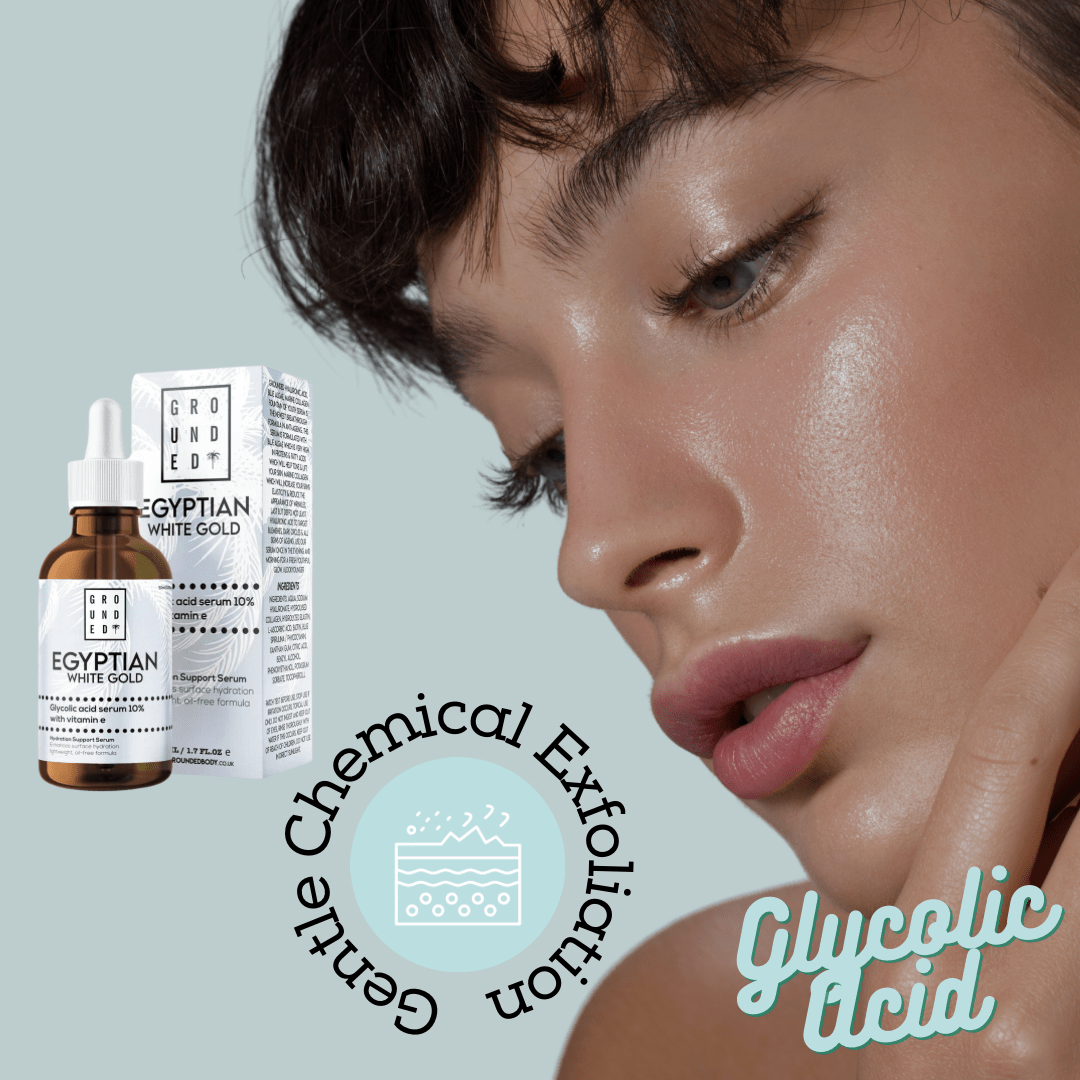 Cosmetic product with packaging and a close-up of a woman's face on a light gray background.
