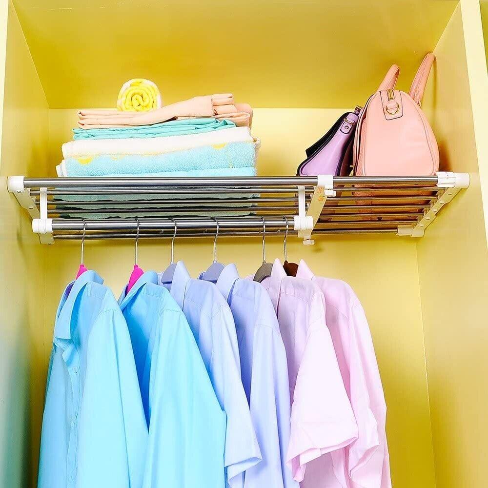 Extendable Closet Shelf Rod Clothes Hanger Organizer Heavy Duty Metal 45-70CM - Massive Discounts