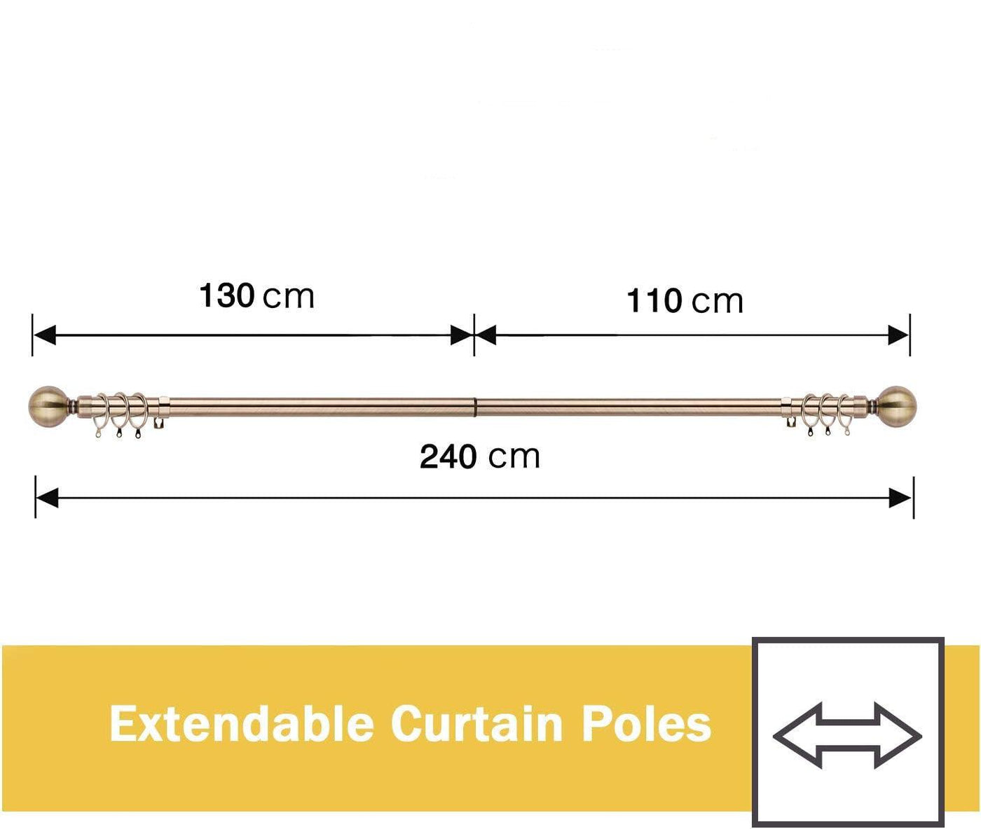 Extendable Curtain Pole Plain Metal Ball 50-95in Brass Ø25/28mm - Massive Discounts