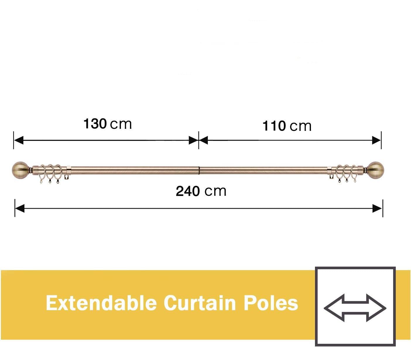 Extendable Curtain Pole Plain Metal Ball 50-95in Brass Ø25/28mm - Massive Discounts