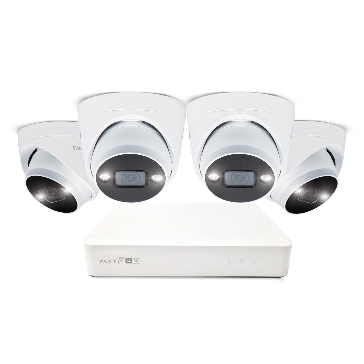 Set of four security cameras with a central control unit on a white background