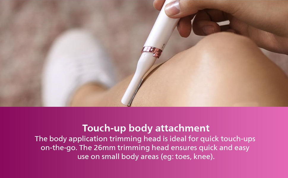 Person using a touch-up body attachment on their leg with text explaining its use.