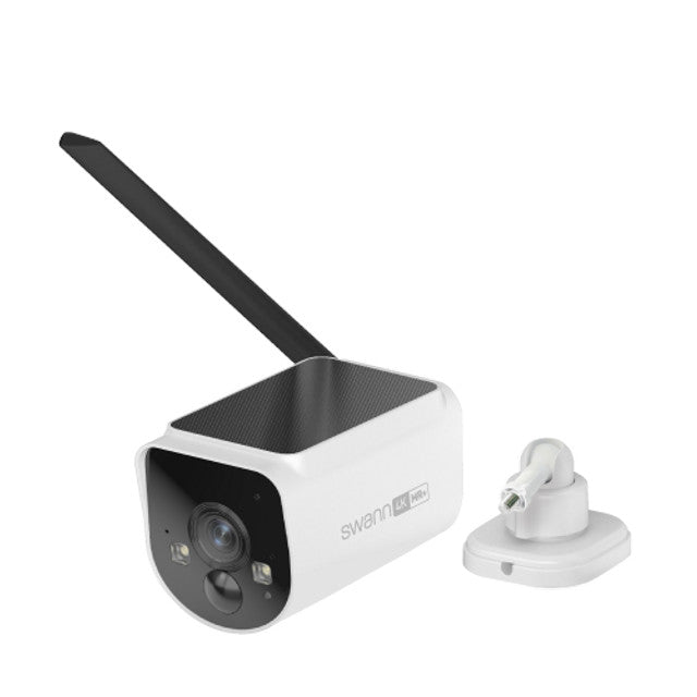 Outdoor security camera with a power adapter on a white background