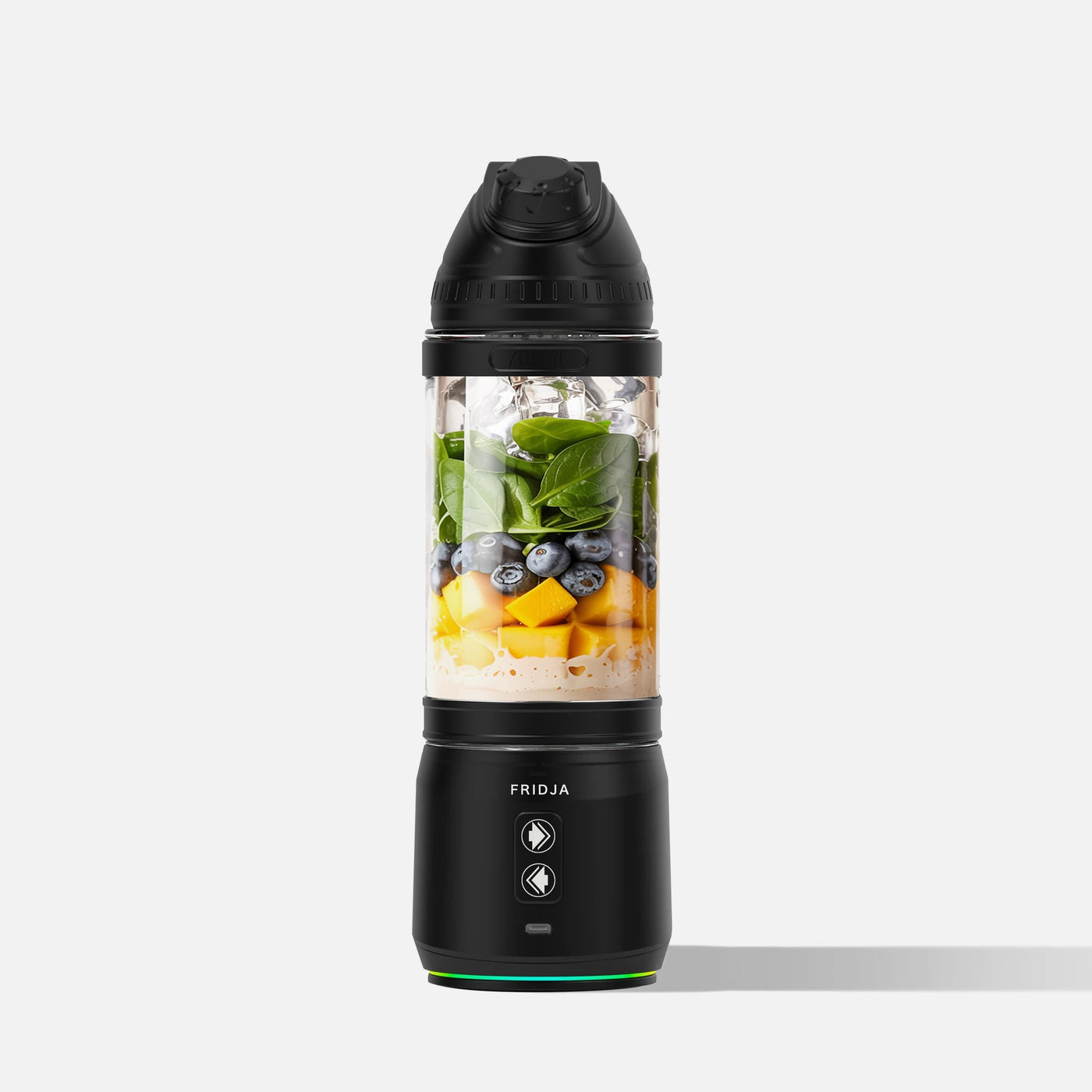 Black portable blender with ingredients inside on a white background