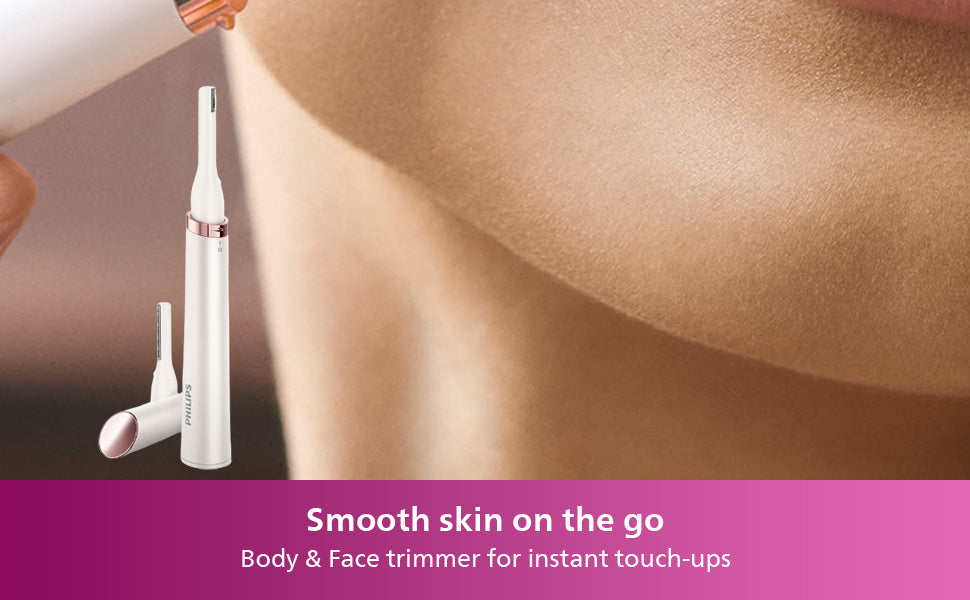 Body and face trimmer with a close-up of smooth skin on a blurred background
