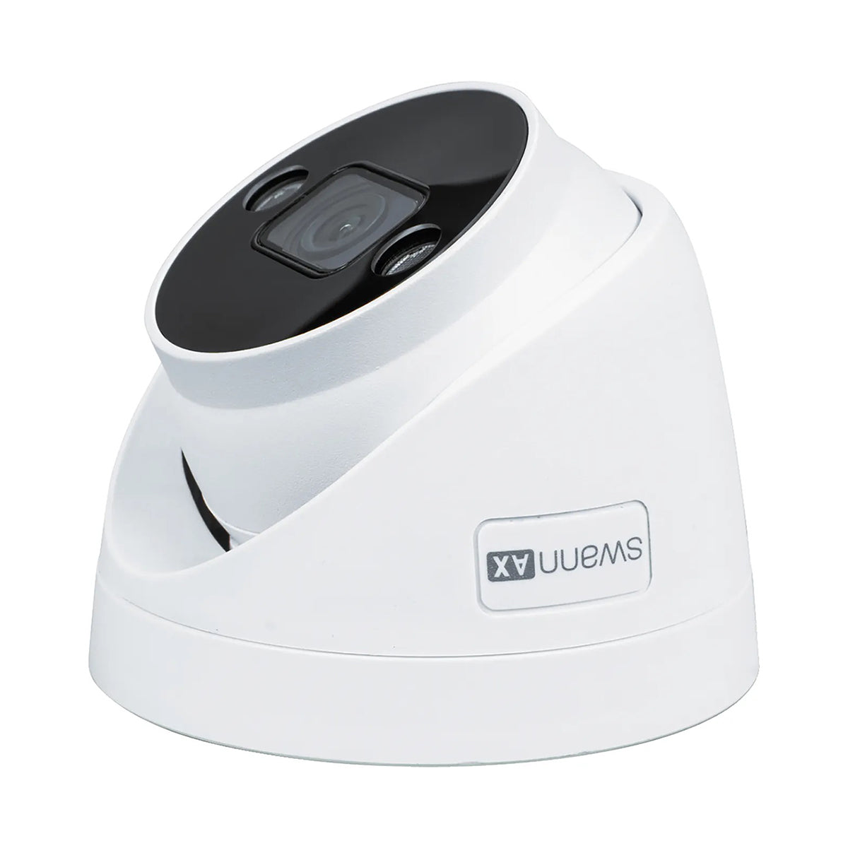 White security camera with black lens on a white background