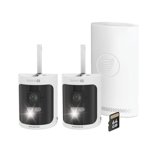 Two security cameras with a central hub and a 64GB microSD card on a white background