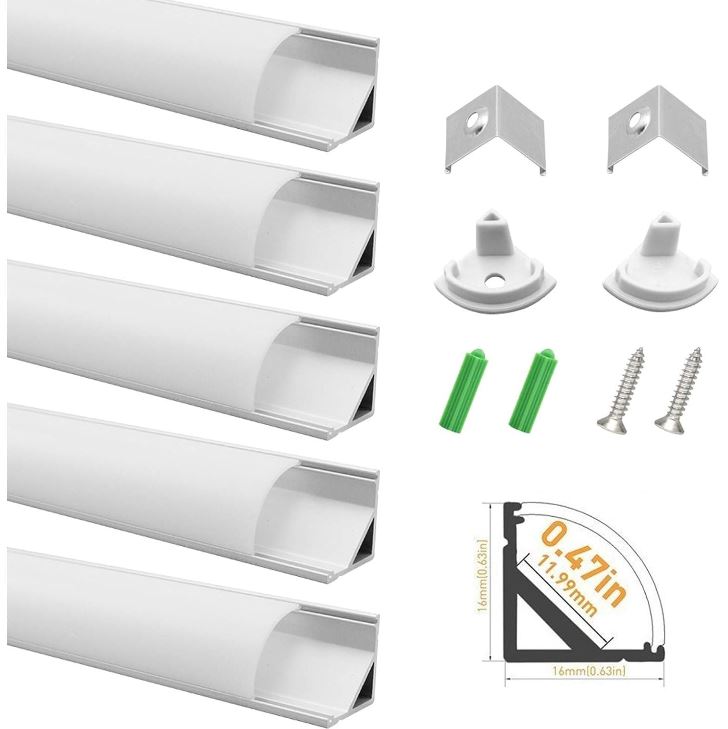 Set of white LED strip lights with connectors and screws on a white background